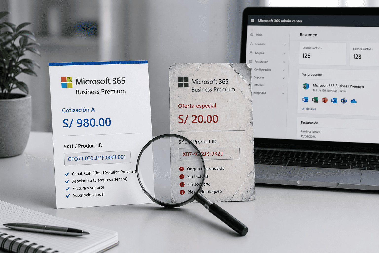 Persona revisando una cotización de licencias Microsoft originales para una empresa en Perú